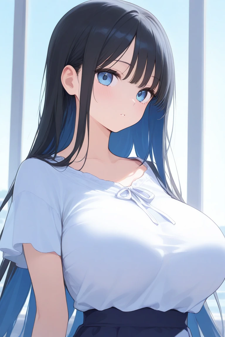 highres, high quality,1girl,teenager,huge breast,thick thighs,black hair,blue eyes,long hair, straight hair,casual,sideview,doors, outdoor,upper body,close up,