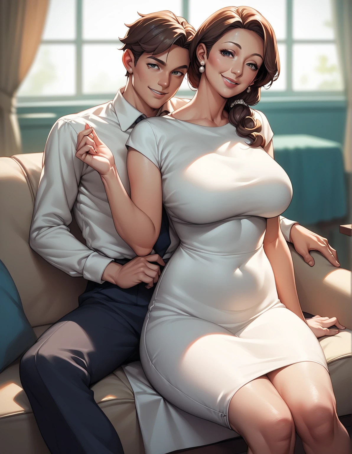 ((multiple medium thick body mature women age 40 American milf super model)) wearing long sleeve shirt dress cloth waist band, (show bare breasts and nipples hanging out, show thong panties) patio daytime, (((1man sitting 1woman sitting on top, hug, open legs, quarter view))), smiling blushing, sofa living room