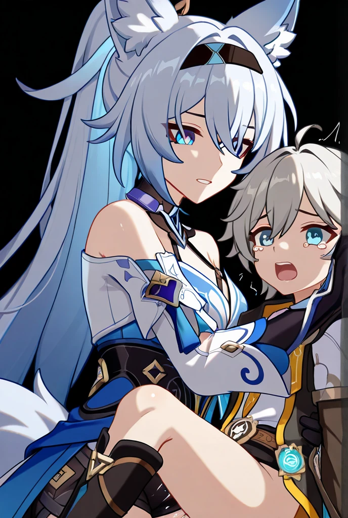 mother and daughter, age_difference,size_difference, two girl huge each other, masterpiece, best quality, very aesthetic, absurdres, ,mature mother and cute daughter, jingliu \(honkai: star rail\), honkai: star rail, long hair, white hair, red eyes, breasts, bare shoulders, detached sleeves, gloves, black gloves, high ponytail, dress,on stage,luminous butterflies, fluttering butterflies,