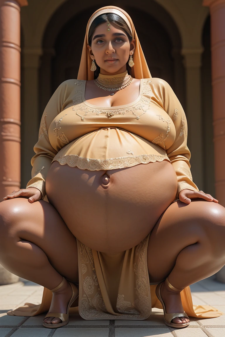 A typical Mauritanian woman, wearing typical Mauritanian costumes and adornments. chubby. beautiful face. Linda. hyperrealisti. hyper detailled. pregnant breasts. sitting on a bench. NUDE. at dusk. 9 months pregnant. inside an empty cathedral.
