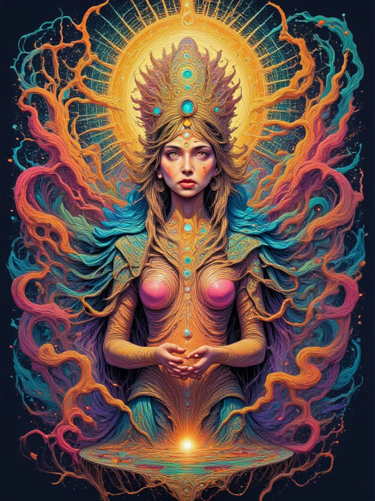 hallucination, LSD, DMT, woman with detailed piercing blue eyes, angelic wings, glowing halo, colorful, intricate, fibonacci, fractal, stars, clouds, fire, dripping colors, unreal, seductive, sexual, centered, symmetry, best quality, masterpiece, detailed