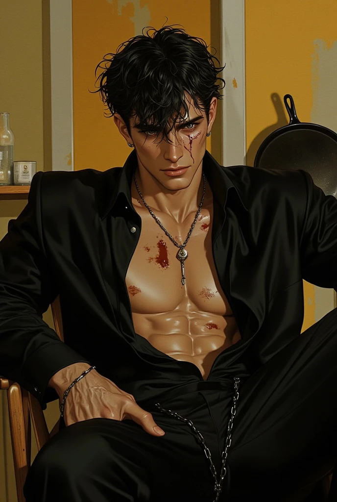 Young white man with black straight hair, eyes browns, thick eyelashes, thin with little muscle, lying without clothes, on a bed with black satin sheets, smoking a cigarette, with the smoky room and neon lights