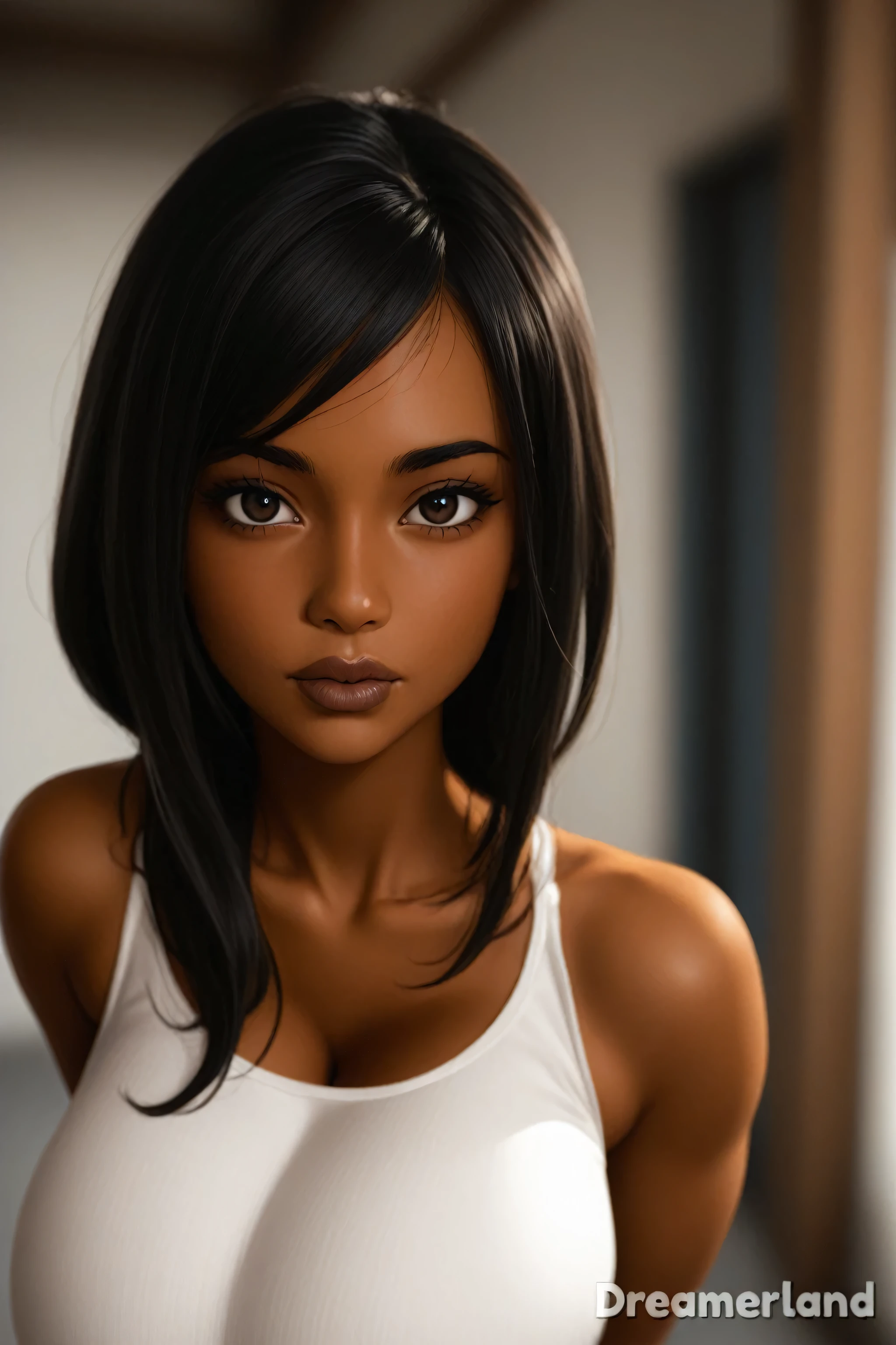 (colored skin, brown skin), perfect face, black hair, long hair, black thin eyebrows, dark brown eyes, nose, thick lips, collarbone, cleavage, huge breasts, white tank top, arms behind back, looking at viewer, blurry background, blurry
