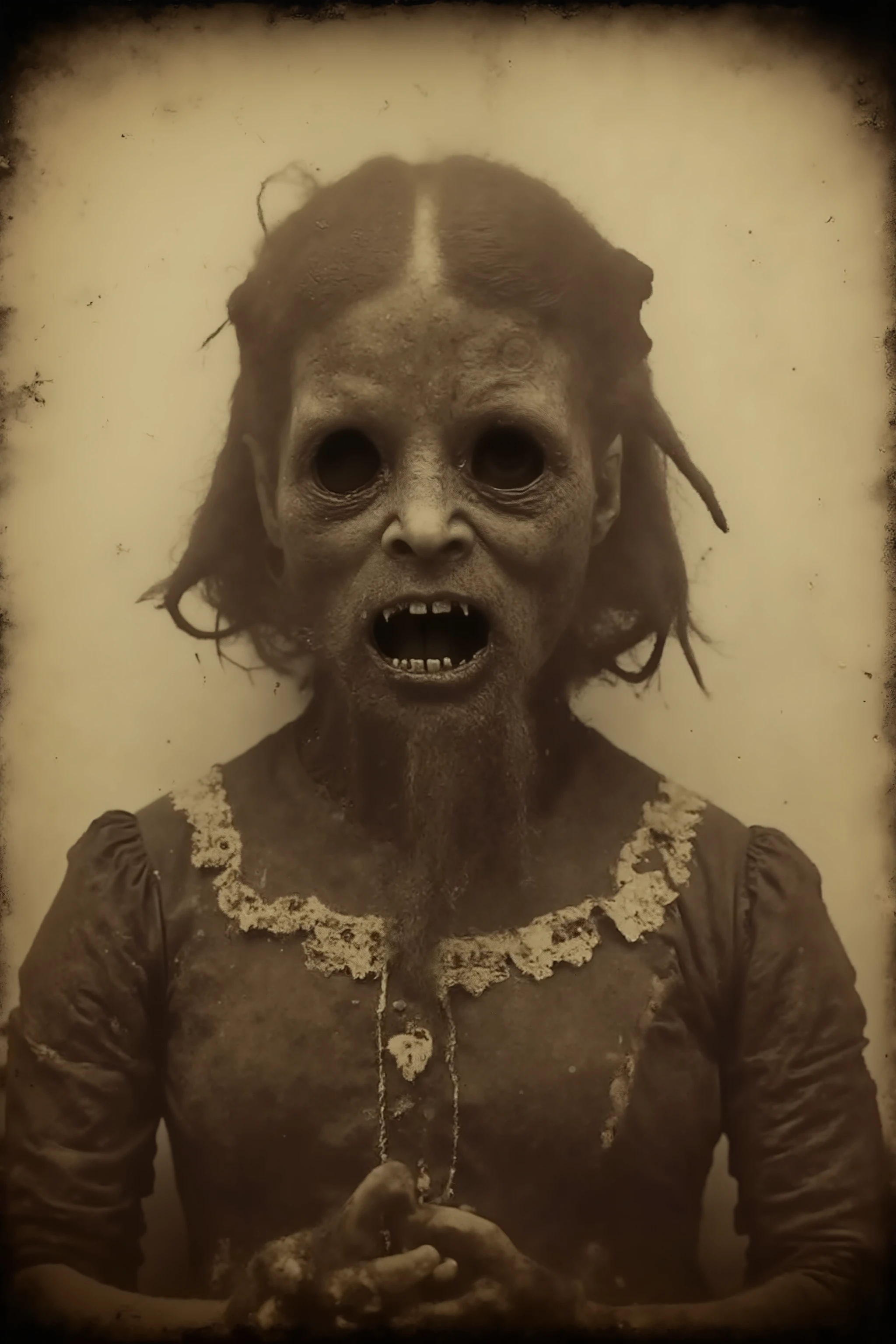 Daguerreotype photograph, tintype, 1885
Wired weirdcore, strange station, creepy creepstyle. Portrait of a young woman with no eyes. The photo is very old and is brown and yellowed with age. Scary and haunting. Ultra-realistic, photorealistic, portrait photography, ethereal atmosphere, surreal elements, haunting, sensual, unsettling, eerie, gothic, macabre, melancholic, dark fantasy, scary, startling, bizarre, creepy, unnerving, freaky, odd, unusual.