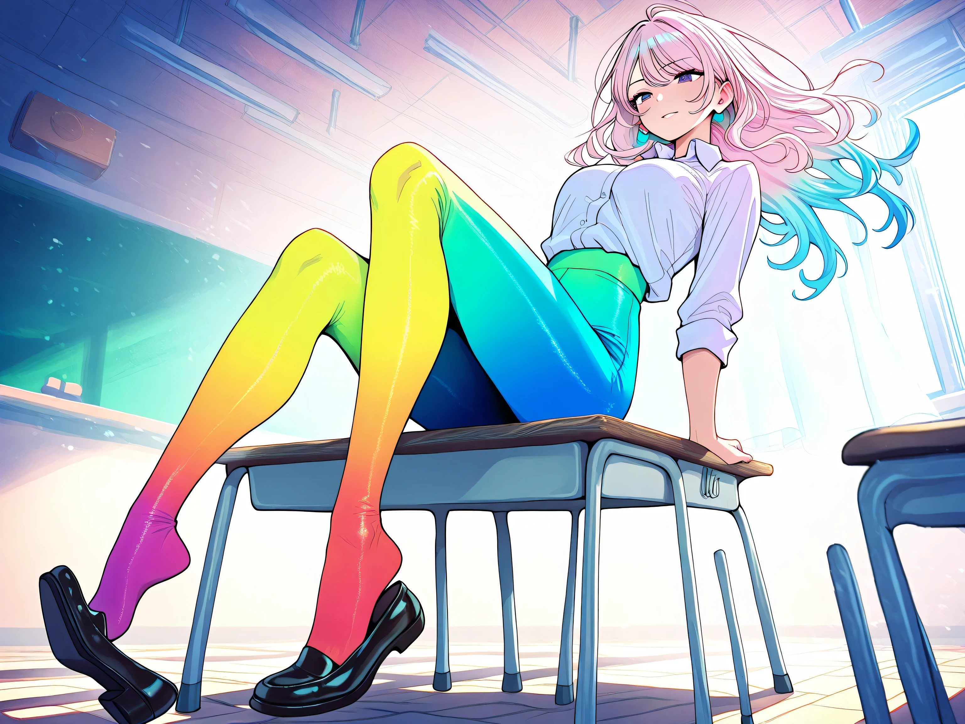 2 adult women, full body, erotic, dynamic pose, (masterpiece, best quality), colorful pantyhose, vivid colors, shoe dangle:1.0, HDR, volumetric Lighting, classroom background, dynamic image,