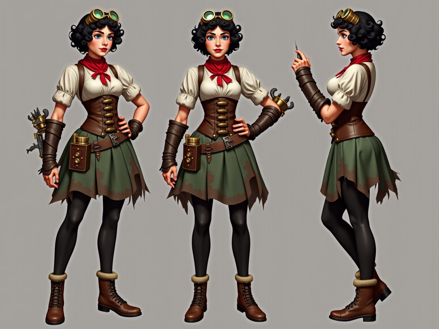 highres, masterpiece,
multi-view, turnaround, model sheet,  character design,
white background, simple background,
full body character turnaround of 1girl, Multiple views of the same character in the same outfit,
detailed costume design, embroidered corset, lace detailing, leather gloves, brown leather boots, high collar, patterned blouse, fantasy attire, trousers, detailed braided hairstyle, ornamental accessories, layered clothing, Victorian-era influence, ruffled cuffs and pants,
<lora:CharTurnRetag_v4:0.6>
<lora:Witcher3turn_v1:0.1>
<lora:Medieval2turn_v1:0.1>
<lora:bg3Turn_v1:0.1>