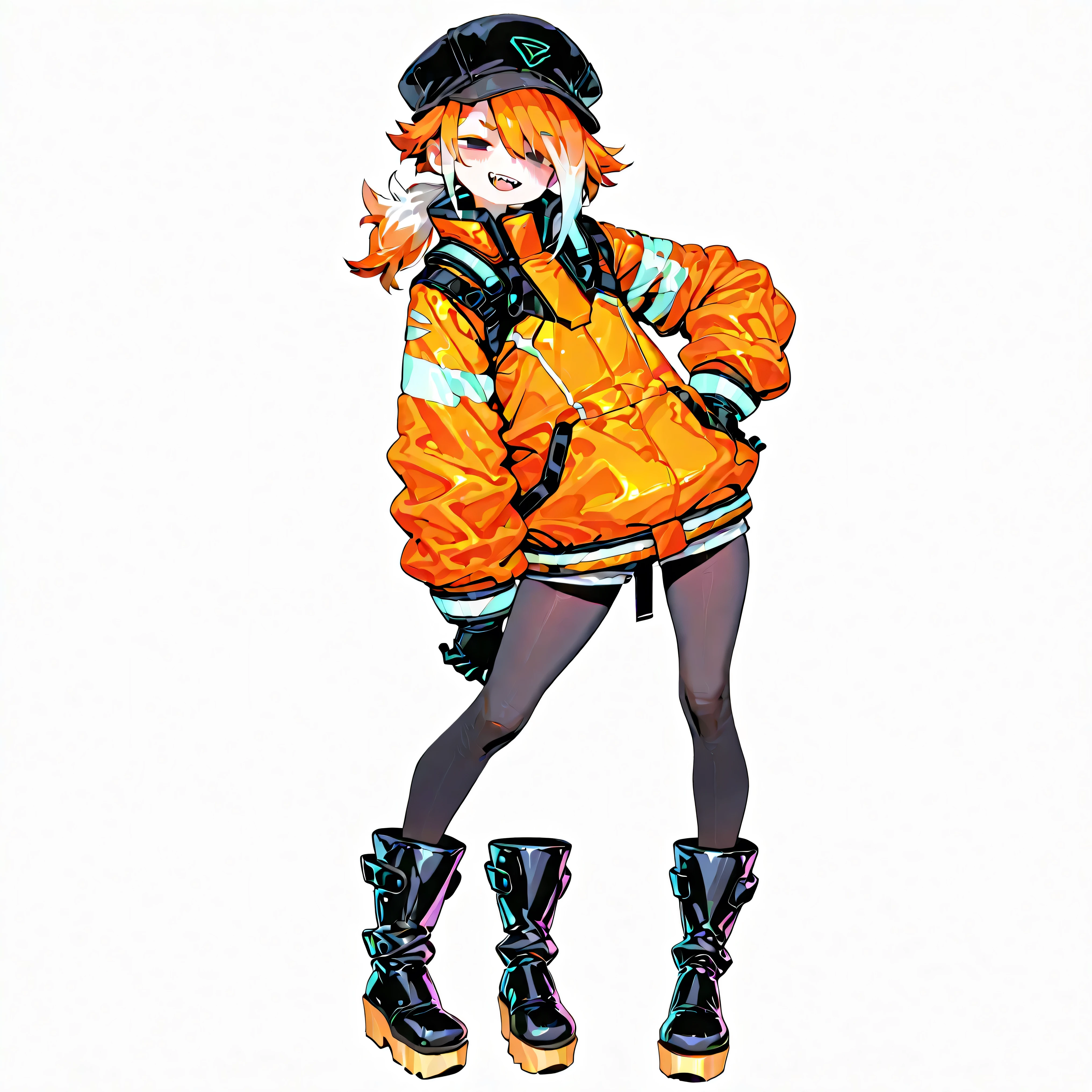 high resolution、High Quality、Shortcuts, low ponytail 、 white hair、orange hair、 stupid hair、Black Pantyhose 、boyish cyberpunk clothes、double teeth、solo、lumpy platform boots、 asymmetric hair 、 simple eyes 、white background、standing、{{{really big rough cyberpunk gloves}}}、hat、
