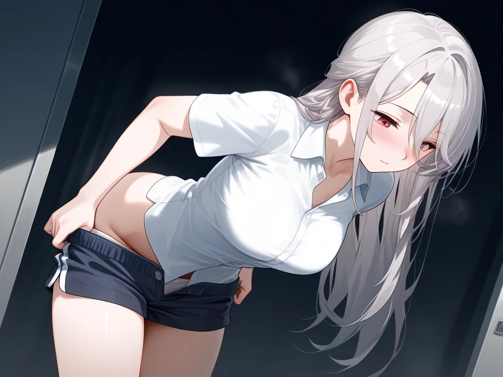 naked, blush, heart eyes, long hair, trembling body, white shirt, Black miniskirt , necktie, silver hair, purple eyes, NSFW , panties exposed