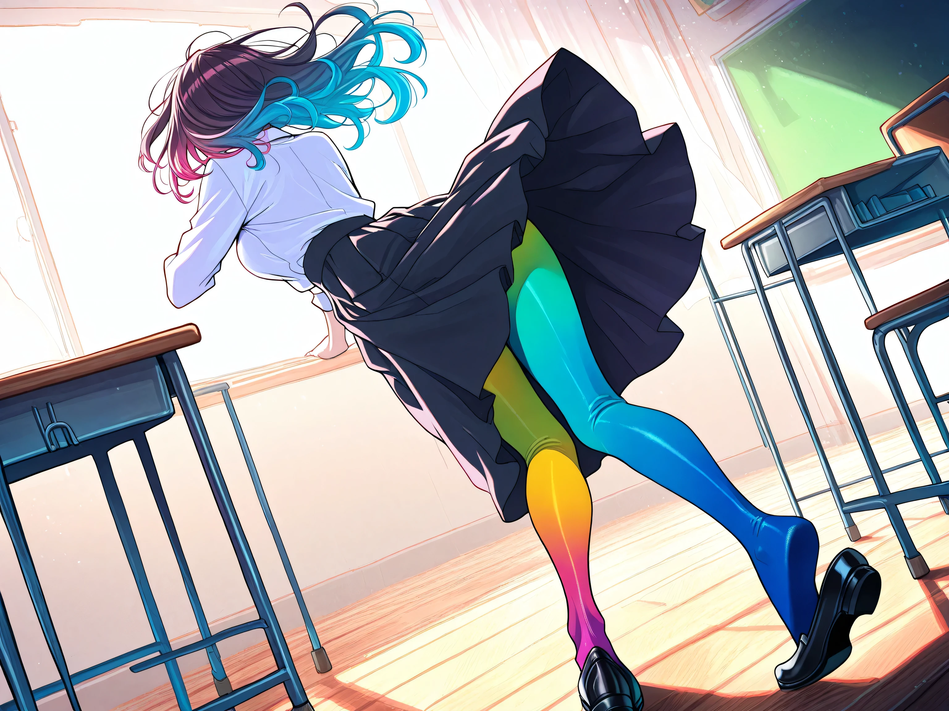 2 adult women, full body, erotic, dynamic pose, (masterpiece, best quality), colorful pantyhose, vivid colors, shoe dangle:1.0, HDR, volumetric Lighting, classroom background, dynamic image,