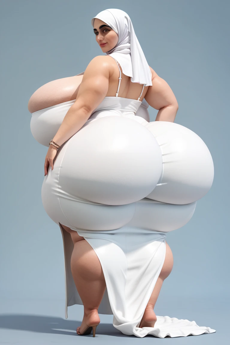 POV from behind araffed woman in a wedding bride frock dress and high heels on a floo, giant back ass stunning goddess shot,big ass show-off, American goddess, voluptuous and arousing, elegant posed, clear curvy details, beautiful curves, stacked, asian nymph bald goddess, opened back dress, full length back view, angela white, on the altar, wearing stunning ivory dress, elegant seducing pose