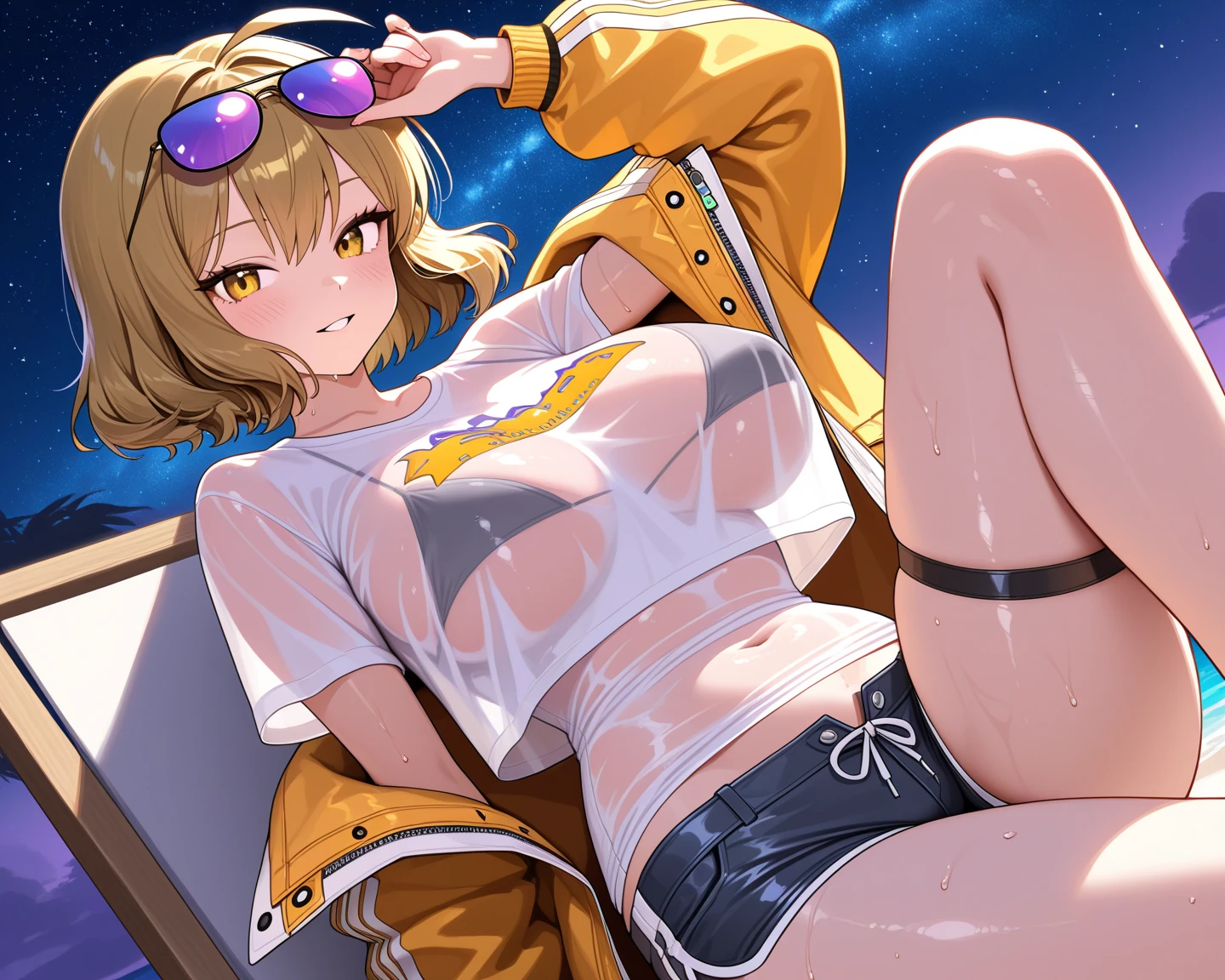 masterpiece, best quality, ultra detailed, high resolution, natural lighting, 8k, 16k, raw,
uncensored, perfect anatomy, night pool,
anis (sparkling summer) (nikke), 1girl, eyewear on head, sunglasses, short hair, brown hair, jacket,