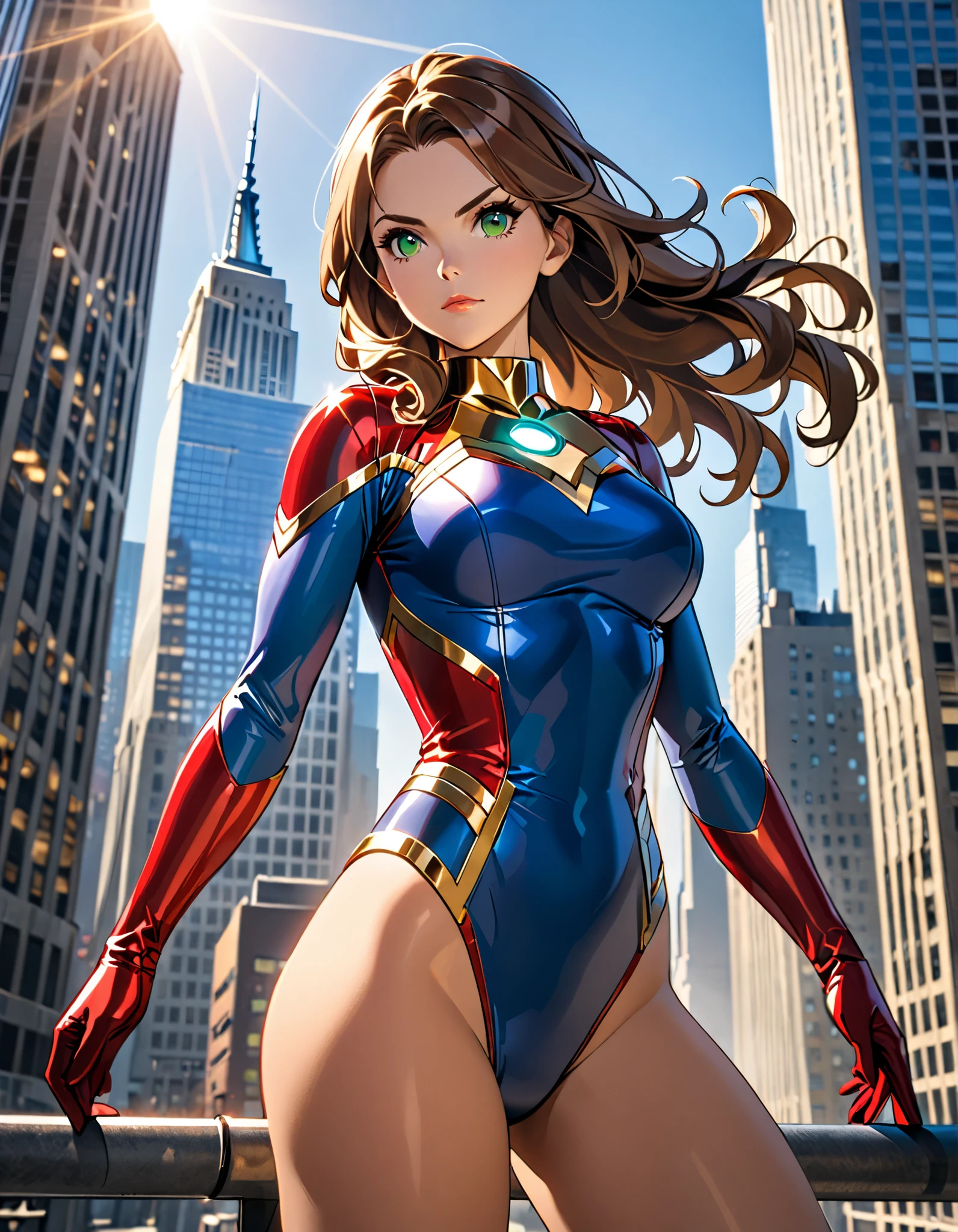 (masterpiece:1.2, best quality), 1girls, solo , young teen 13yo, slim, (Ultraman costume), (undress), Hairless pussy, long hair, smile, fun, laugh, play, (sitting on building), (spread legs), (hands touch her pussy), miniature city background, summer, vibrant colors, bright, watercolor