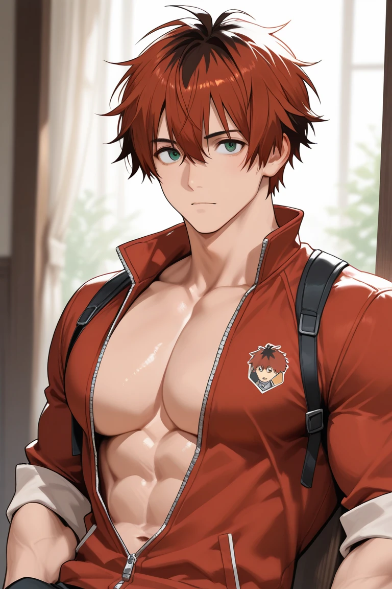 masterpiece, best quality, realistic, 1man, male focus, tall muscular, handsome, [thick eyebrows:0.5], smile, suit, portrait, extremely detailed face, red hair, (short hair), shirtless, six packs, full body, Japanese