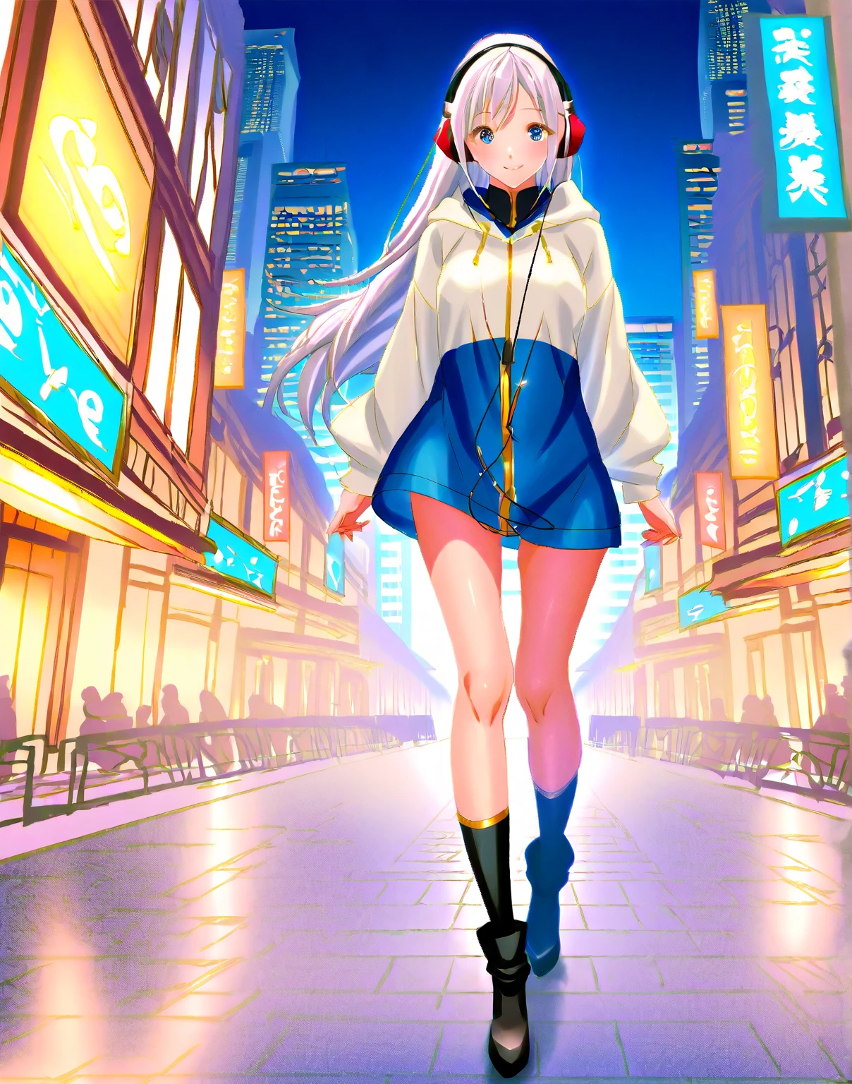 best qualtiy， tmasterpiece， 超高分辨率， realisticlying， 1 girl，（long  white hair），Heterochromic pupils，（ssmile）（Skinny leather top，Leather hip skirt），Purple stockings，Neon Square，wide angles