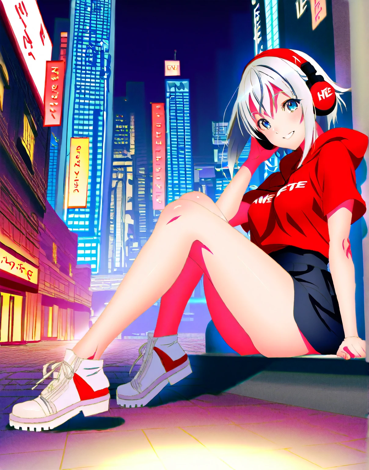 HD 8k Handsome sexy cute, Solitary, 1 female, Medium Length Hair, white hair, Rainbow hair, blue Eyes, looking away,Rainbow headphone, hoodie, colored hoodie, denim shorts, sneakers, Human focus, outdoor, blue night sky, background is 1980's Japanese NEON Tokyo,