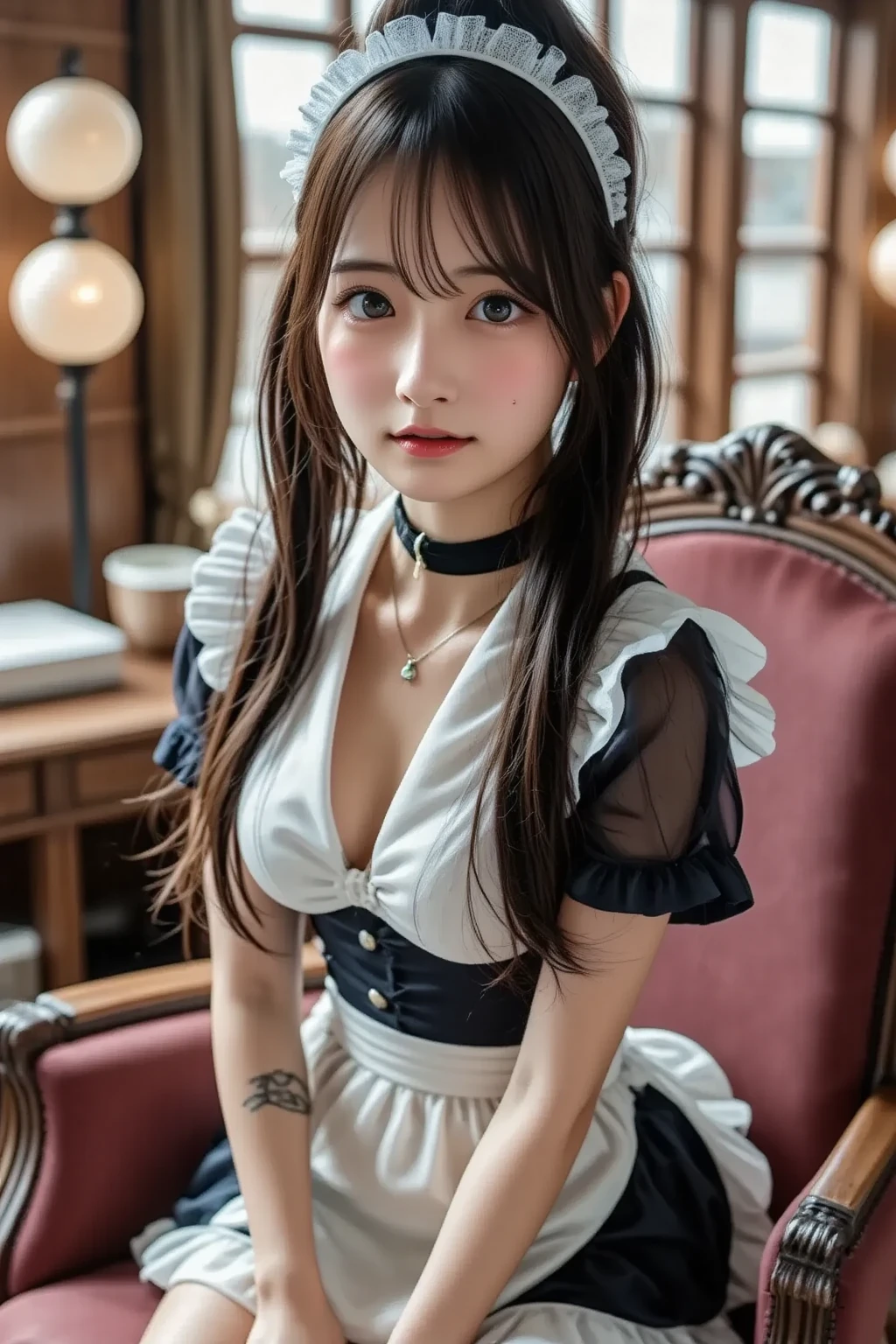 there is a woman in a black and white dress posing for a picture, gorgeous maid, maid outfit, maid, maid服, maid服の素材 black leather White cotton, maid dress, anime girl in a maid costume, wearing maid uniform, maid costume, a sexy maid in a magical forest, french maid, catboy cosplay! maid! dress, gorgeous chinese model, Atsuko Kudo wearing latex costume,