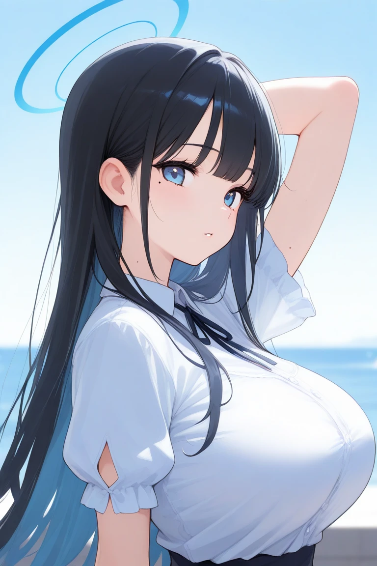 A Beautiful Cute, Extremely Thick, Young Girl, with ((Long Black Hair)), (Big Beautiful Bright-Blue Eyes), (Absolutely Gigantic breasts, Overwhelmingly Massive Breasts, Incredibly Enormous breasts, Ridiculously Oversized Breasts, Excessively Extremely Overinflated Breasts), Extremely Enormous Thighs, and a 5.5 foot tall figure. Wearing a (Shoulder-less, White Dress, with Black Shoulder Straps), and a ((Black Skirt)). Standing in a Modern House, with a Beautiful Ocean view in the background. Big Cleavage, Cute smile, embarrassed expression, She has ((500GG Cup size Breasts)),