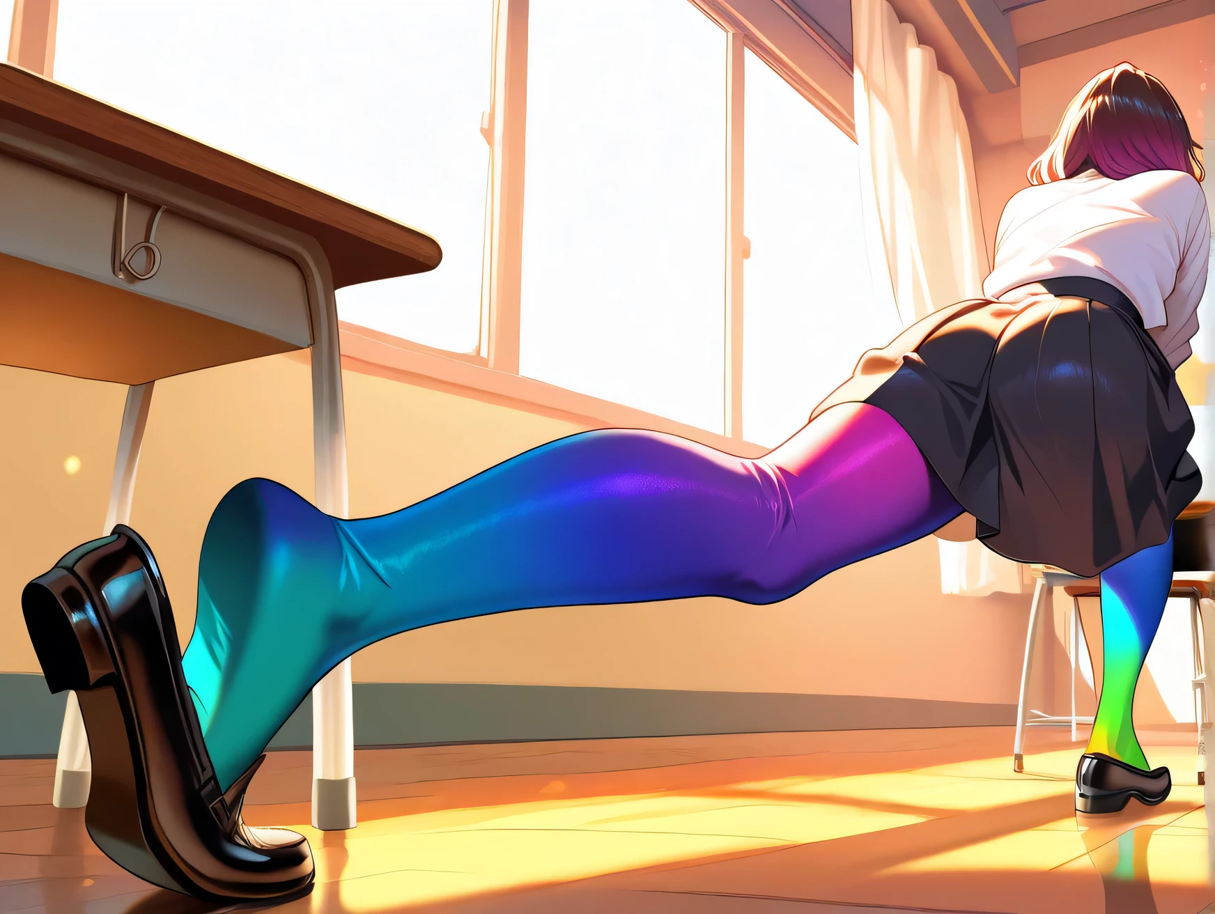2 adult women, full body, erotic, dynamic pose, (masterpiece, best quality), colorful pantyhose, vivid colors, shoe dangle:1.0, HDR, volumetric Lighting, classroom background, dynamic image, 