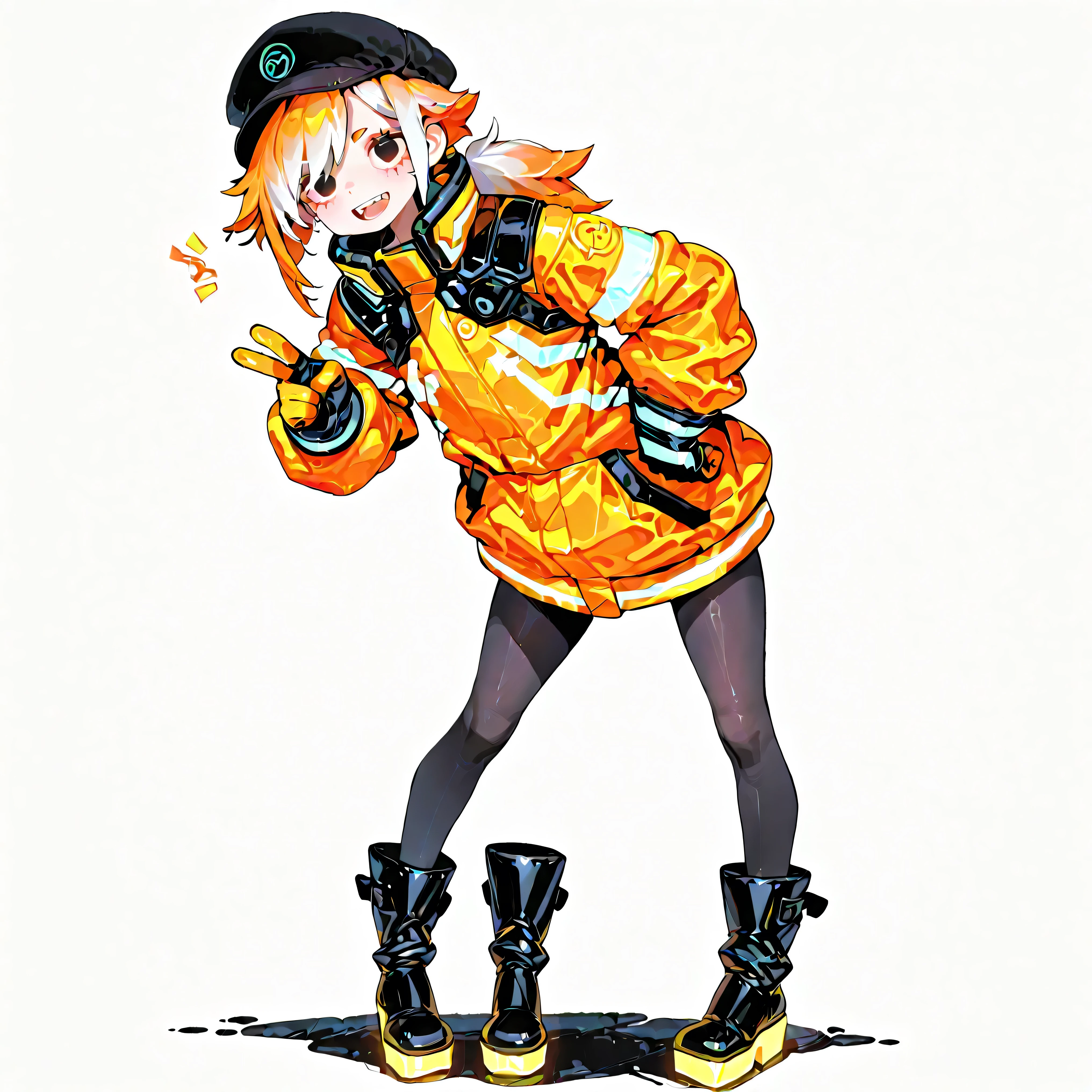 high resolution、High Quality、Shortcuts,    low ponytail  、 white hair、orange hair、 stupid hair、Black Pantyhose  、boyish cyberpunk clothes、double teeth、solo、lumpy platform boots、 asymmetric hair 、  simple eyes  、white background、standing、{{{really big rough cyberpunk gloves}｝｝、hat、