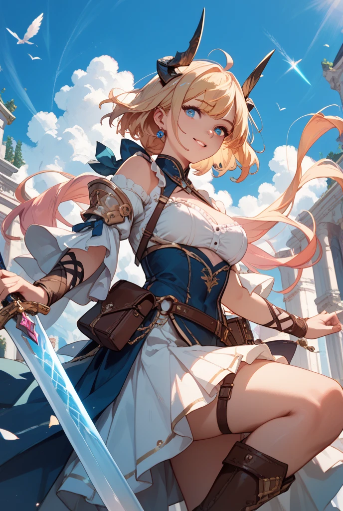 masterpiece, highest quality, One girl,Very detailed,Ukrainian facial structure,Rin々Nice face,Open Mouth Smile,Adventurer Uniform,Medieval Europe,Dynamic Action,Medium Hair,Show your armpits, Natural Beauty,Black eyes,European facial structure,Grasp the hilt of the lightning sword,