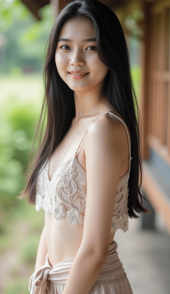 ((masterpiece)), 32k, masterpiece, Highest quality, 1 girl, alone, (Nationality: British:1.3), Realistic, garden, Realistic, Very detailed, Detailed Background, (alone: 1.4), Happy expression, Slender body, Realistic Highly detailed long hair, Intricate details, masterpiece, Highest quality, West Shot, (花の咲くgardenの背景)), smile, ((Looking at the camera)), Earrings, Long straight black hair, Asymmetrical bangs, Natural Breasts ,