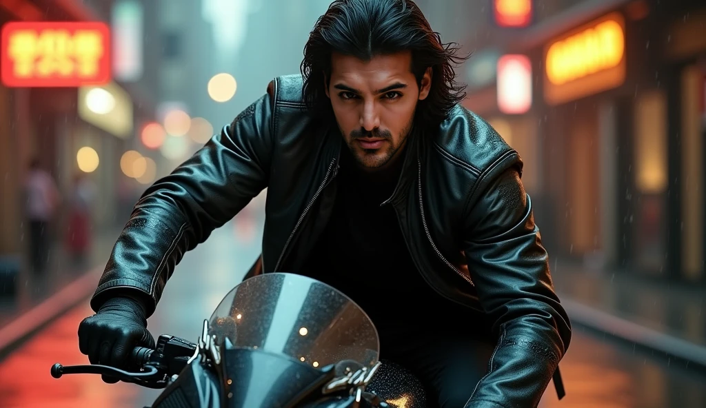 a muscular handsome man, extremely detailed face, perfect face, short hairstyle, looking at viewer romantically, ruby red jacket, black pants, ruby necklace, sexy look, smooth skin, riding red CB200x bike, (best quality,4k,8k,highres,masterpiece:1.2),ultra-detailed,(realistic,photorealistic,photo-realistic:1.37),portrait,dramatic lighting,vibrant colors
