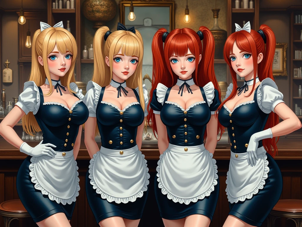 Detailed multicolored proportions and textures with spray and airbrush, presenting a semi-realistic illustration featuringreal real photo, 4 waitresses (2 blondes, 2 redheads) dressed in black or dark blue, one-piece fine fabric in the style of a cafe waitress "maid" uniform, where black and white tones predominate, mixed with bright colors (full body, with a confident and Kawaii posture, playful gaze, bright blue eyes, defined eyebrows, long eyelashes, perfect face, full lips, huge round , flat stomach, wide , slim waist, thick thighs), Her long, straight hair (two blonde and two red) is tied back in two ponytails that fall over her shoulders on either side of her head. Her uniform consists of a long, black or dark blue one-piece dress paired with a white, ruffled apron, a white, ruffled Katyusha sash, and matching socks. The dresses are beautifully crafted and decorated. In the background, an elaborate "maid" cafe creates an atmosphere of mystery. The scene shows four full-length waitresses with a "kawaii" attitude. The overall composition of the image is a sharp and high-quality masterpiece. very balanced saturation across very defined color palettes (Color with intense monochromatic shaded tones and brightness, red hue 25% + yellow 25% + blue 25% + biofluorescent 12.5% ​​​​​​+ transparencies 12.5%. Aesthetic fusion by (Fibonacci ratio. A realistic cosplay of a young harley quinn. of a young harley quinn (Includes a variety of pink skin and dark beige tones that give it contrast and brightness) type of character. Fluid texture that gives the sensation of movement to the leafy style that molds to the figure (her clothing with relief and folds gives volume and depth to the character). Haute couture photoshoot (high quality full body). Highly detailed and sharp soft focus, approaching perfection, Full HD 8K. High and low angles. by Coco Chanel, Gianni Versace, Alberto Vargas, Greg Rutkowsk fusion of artistic styles
