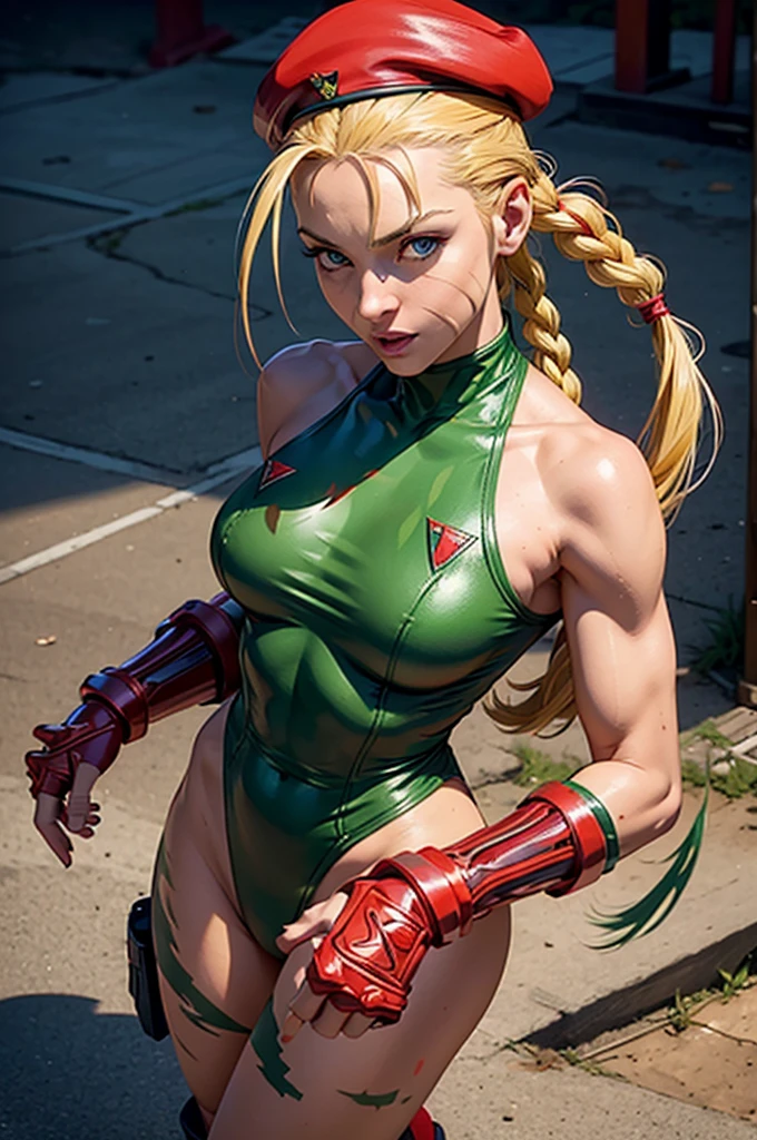 (((Cammy White passed out))) , Green leotard, Twin tails,, Tired face,, , (Torn clothing:1.9),, ((crawl away from the camera)) , masterpiece, highest quality, High resolution, Realistic, Nice ass, (Not muscular), Red Beret, One girl, ((Leg spread)) , Crotch shot, (defeat), (close your eyes), Beautiful Face, Wooden floor,