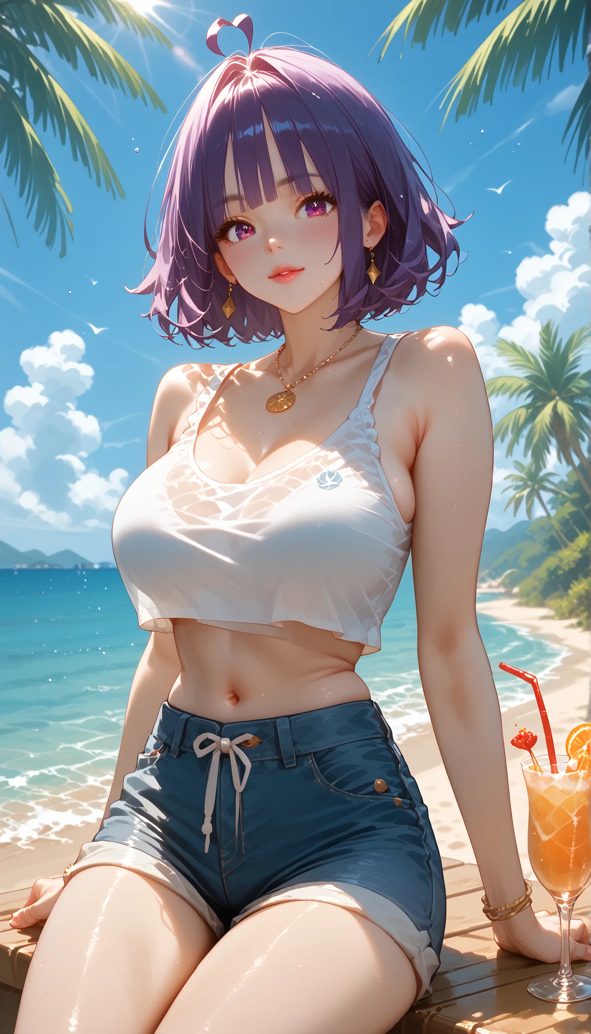 "A girl with a nice body and nice breasts sits in an open-air café by the beach, her purple hair glowing under the golden sunlight. Her perfect eyes gaze out at the ocean as she sips a tropical smoothie, dressed in a light tank top and denim shorts. The cinematic view captures the sparkling waves, swaying palm trees, and her serene demeanor, creating a perfect coastal escape."
