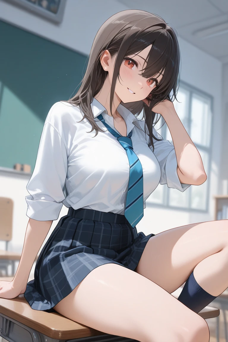top-quality、Exquisite、High school girl in uniform sitting on the ground with her knees upright、Blushing and staring at me、