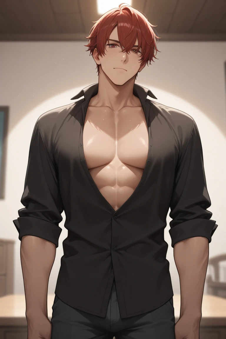 ((1boy)), wolf ears, wolf tail, short fluffy red hair, blue eyes, slim waist, ultra masterpiece, shirtless, bathroom setting, big thighs, seductive, wide hips, sweatpants, soft