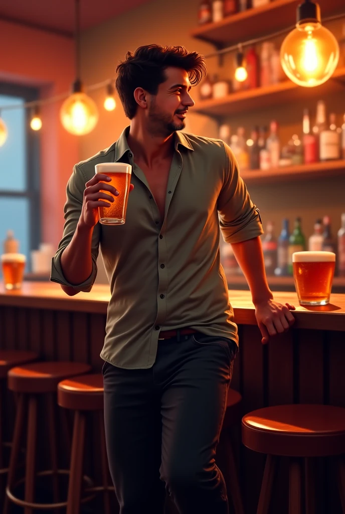 A beautiful sexy young man serving himself a beer in a cowboy bar with a nice gay ass shows another 2 men approach him and touch his ass