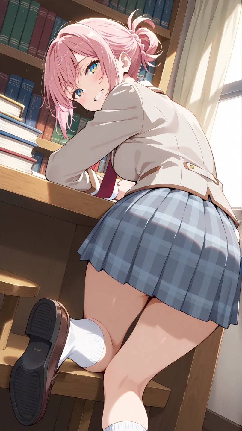 from behind, 1 girl, chair exposure, ass, skirt lift, pleated skirt, looking back, classroom,JK pantie