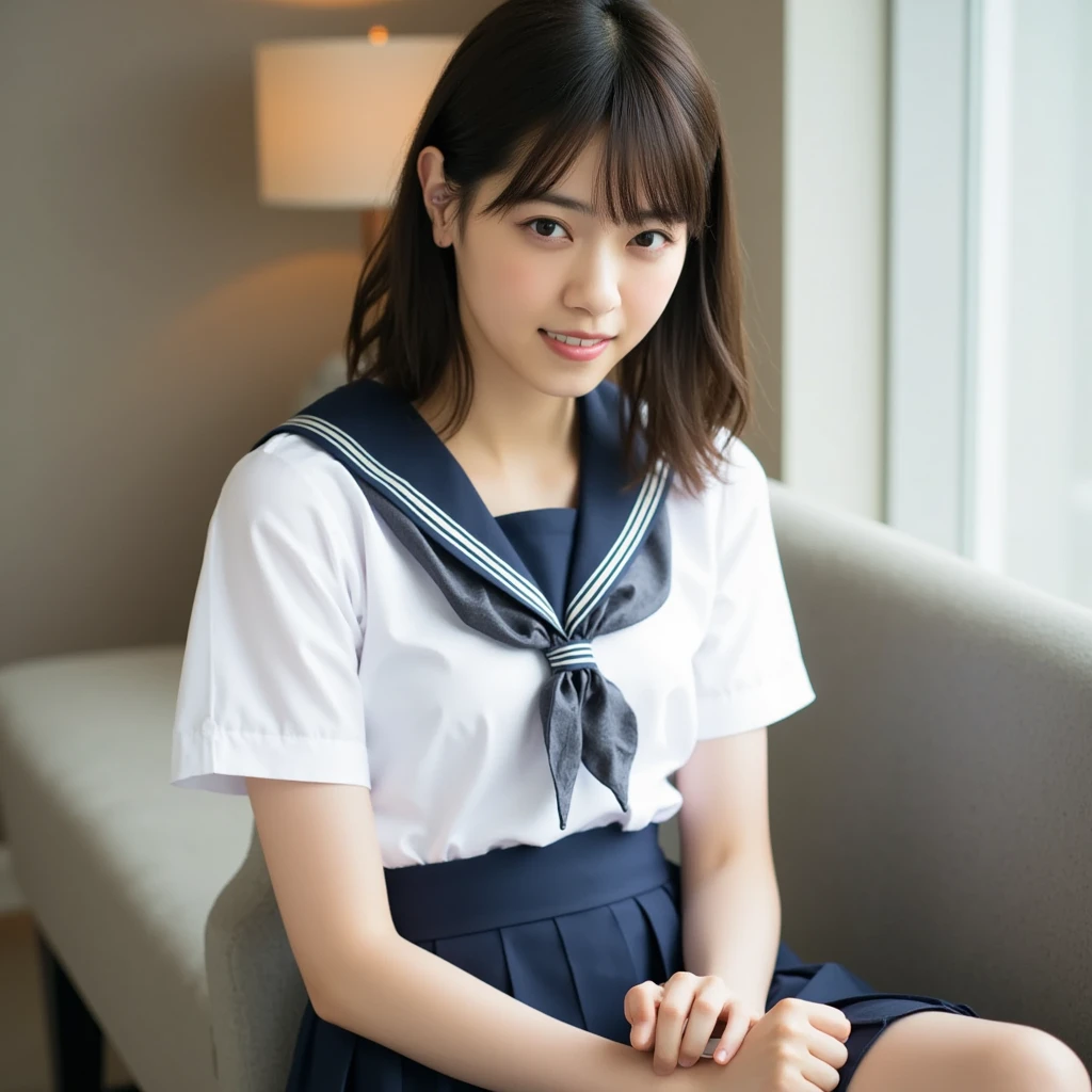Close-up: A busty, plump junior high school student takes off her sailor uniform and sits on a chair with her legs spread wide, seductively. Highlights her cleavage. High socks and ponytail.