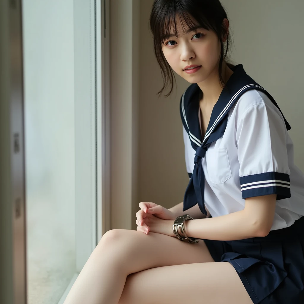 8K、top-quality、​masterpiece:1.2、Real 1.5、Realistic 1.5、Photorealsitic:1.3、18year old、girl with:1.5、Colossal tits:1.5、a sailor suit、校服、student clothes、a miniskirt、Panties visible from the skirt、cute little、A smile:1.2、sitting on、Opening legs、Open legs、Panty white、