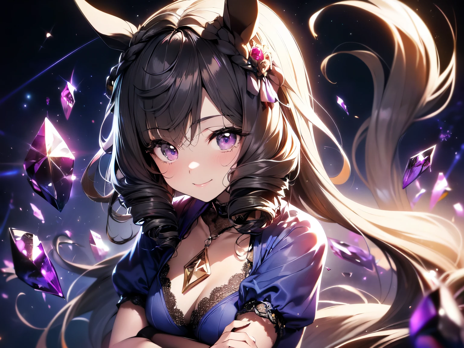 Solo. Girl. (With horse ears: 1.5). (With horse tail: 1.5). (Muscular: 1.5). (Nice full chest: 1.5). (Black hair: 1.5). (Sitting torture: 1.5). (Hidden fingers: 1.5). (Arms crossed: 1.5). (Beautiful sheer blue short sleeve lace dress: 1.5). (Wearing a big beautiful tiara: 1.5). (Beautiful sheer black gloves: 1.5). (Beautiful sheer black pantyhose: 1.5). (Smiling and looking at the camera: 1.5). (2D CG). (Dark purple background. Lots of crystals. Starry sky: 1.5). Exquisite anatomy. (Amazing. High quality. High resolution). (Close up of upper body).