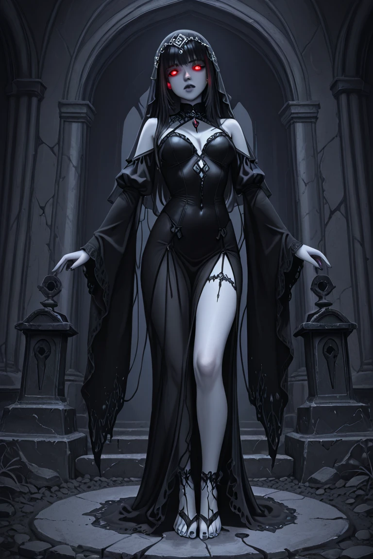 a bad Queen, look like character Elvira, bad face, Black lips, wearing a Long transparente dress, open front, showing her nipplee,  with her hands up in front of her head in a dimly lit room and looking onward into the distance, (( fullbody view))