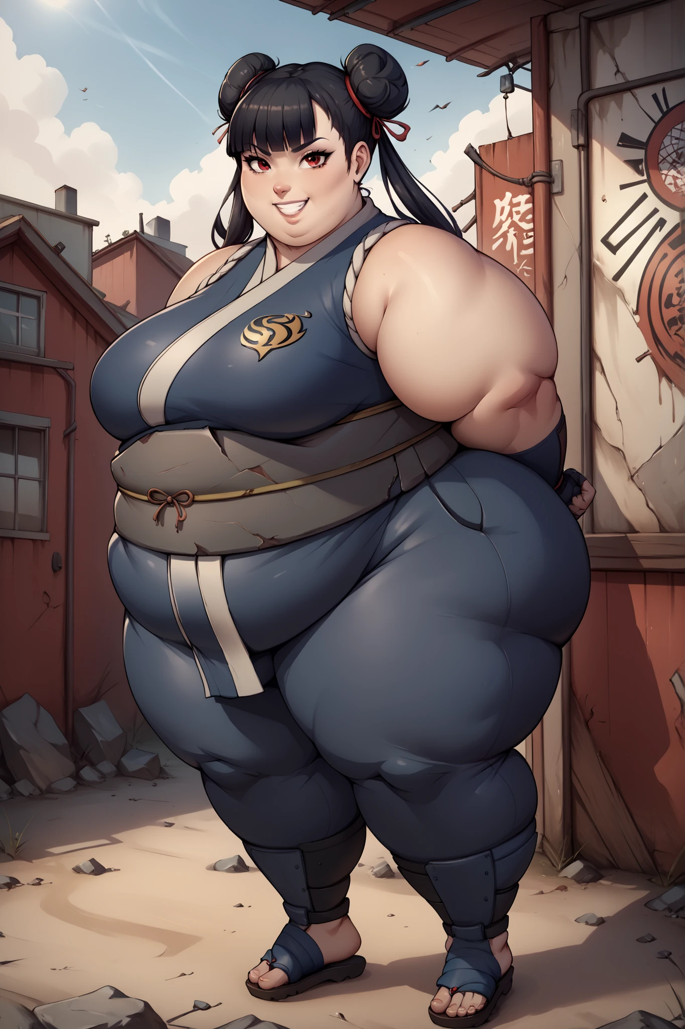 score_9, score_8_up, score_7_up, score_6_up, score_5_up, score_4_up, BREAK, source_anime,
1girl, black hair, blunt bangs, double bun, long hair, red eyes, twin tails, breasts
 ninja, sandals, SSBBW, fat, 500 lbs.,
hands behind back, smile, full body, looking at viewer, solo, outdoors, wasteland   
