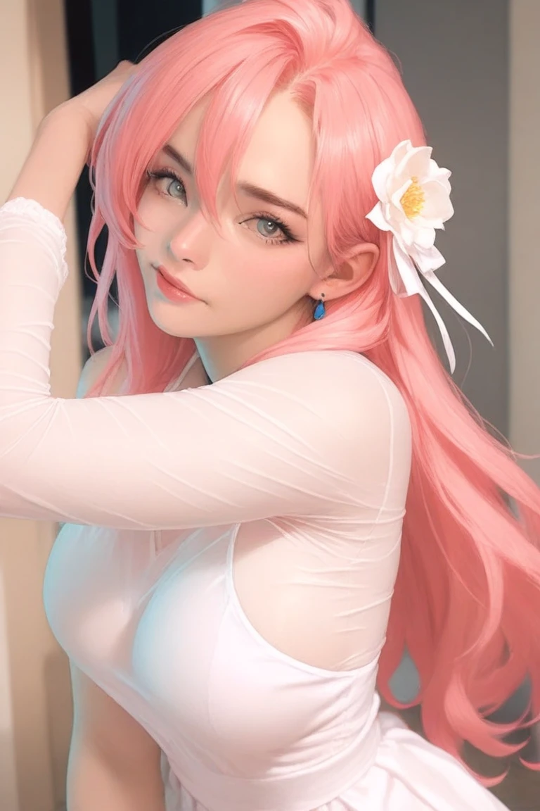 A close-up of a woman in a white dress posing for a photo, seductive anime girls, Anime girl cosplay, pale milky white porcelain skin, beautiful and seductive anime woman, Anime goddess, red haired goddess, trending on cgstation, beautiful realistic upper body, Smooth translucent white skin, belle delphine, anime barbie in white stockings, trending at cgstation