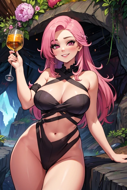 ((sexy girl ,gyaru)) , DOAXvenusAnimagineXL, venus bikini, fortune bikini, jewelry, navel, succubus with huge tits and ass, long pink hair, golden demon horns, long tongue, a long dark purple tail with a heart-shaped tip on the end of it, magenta eyes, tan skin, and a small waist. gyaru gal, beach party, holding colorful drinks, sunset, pink sunset