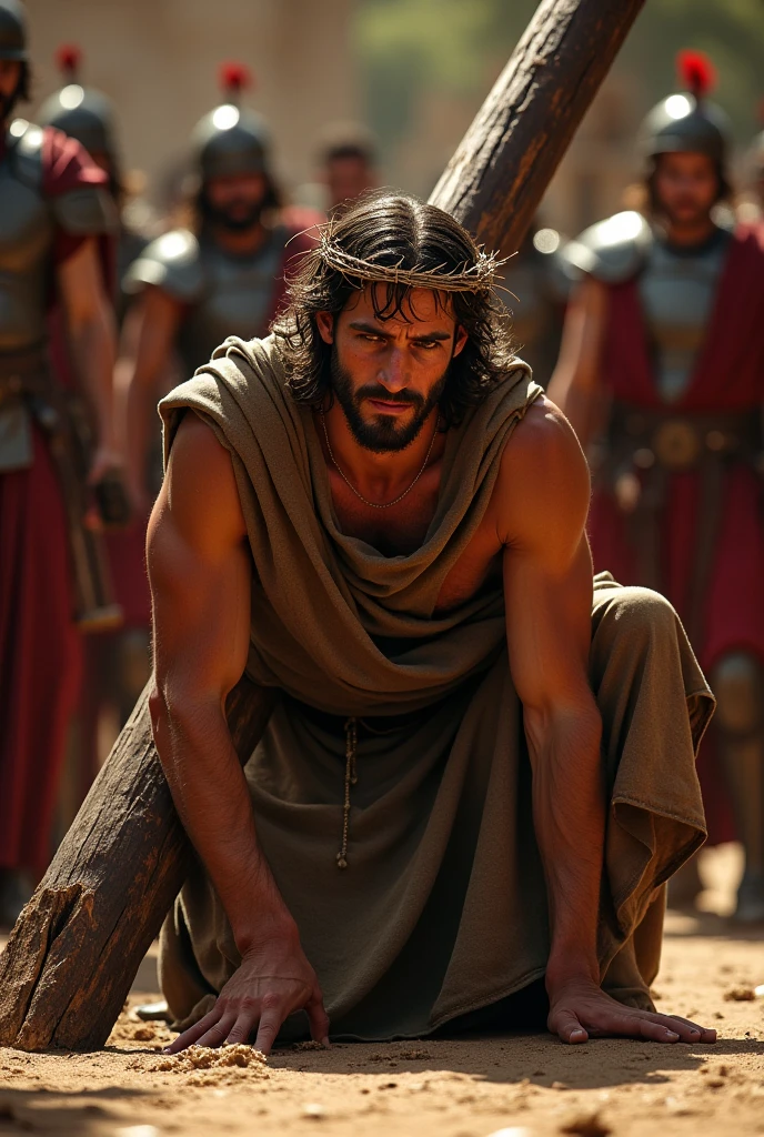 Jesus is depicted in the moment He falls to the ground for the first time while carrying the Cross. The scene captures His struggle and physical agony as He collapses under the weight of the heavy, wooden Cross. His robe is tattered and stained, and the crown of thorns continues to press painfully into His scalp, with blood mingling with sweat on His face. His hands and knees are scraped and dirty from the fall. Roman soldiers and bystanders are gathered around, with some of the soldiers harshly pushing Him to get up, while others watch with indifferent or scornful expressions. The backdrop is the crowded, dusty streets of Jerusalem, with the overcast sky reflecting the somber mood of the moment. The scene emphasizes the intense physical and emotional suffering Jesus endures.