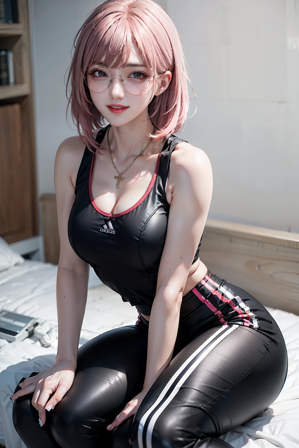 raw photo,best quality, photorealistic,a girl,D size cup,smile,ash blonde or ginger or pink hair, black comfortable yoga pants, black high-waisted leggings made from a breathable and moisture-wicking fabric,supportive and comfortable sports black bra,accessories like a lightweight scarf headband or wristband,