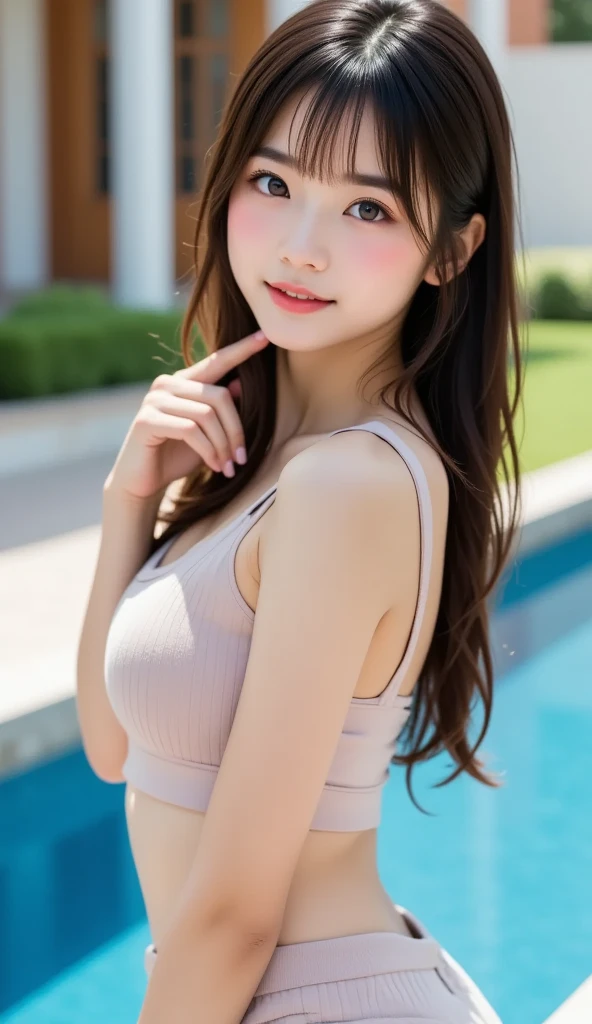Cafe, 1 girl, hairpins, earrings, jewelry, brown hair, looking at the audience, lips, playful, beautiful smile, cheerful, 1girl, beautiful woman with slender abs :1.4, ( small breasts :1.3), thin panties, bra :1.2, no shoulder straps, seductive open lips, sofa, with a sweet smile on her face, arms swinging naturally, seemingly dancing in harmony with the surroundings. Her breath is full of vitality and vitality, as if her whole body is venting the energy of youth. The whole picture is made more vivid by her presence, making people feel endless joy and vitality.