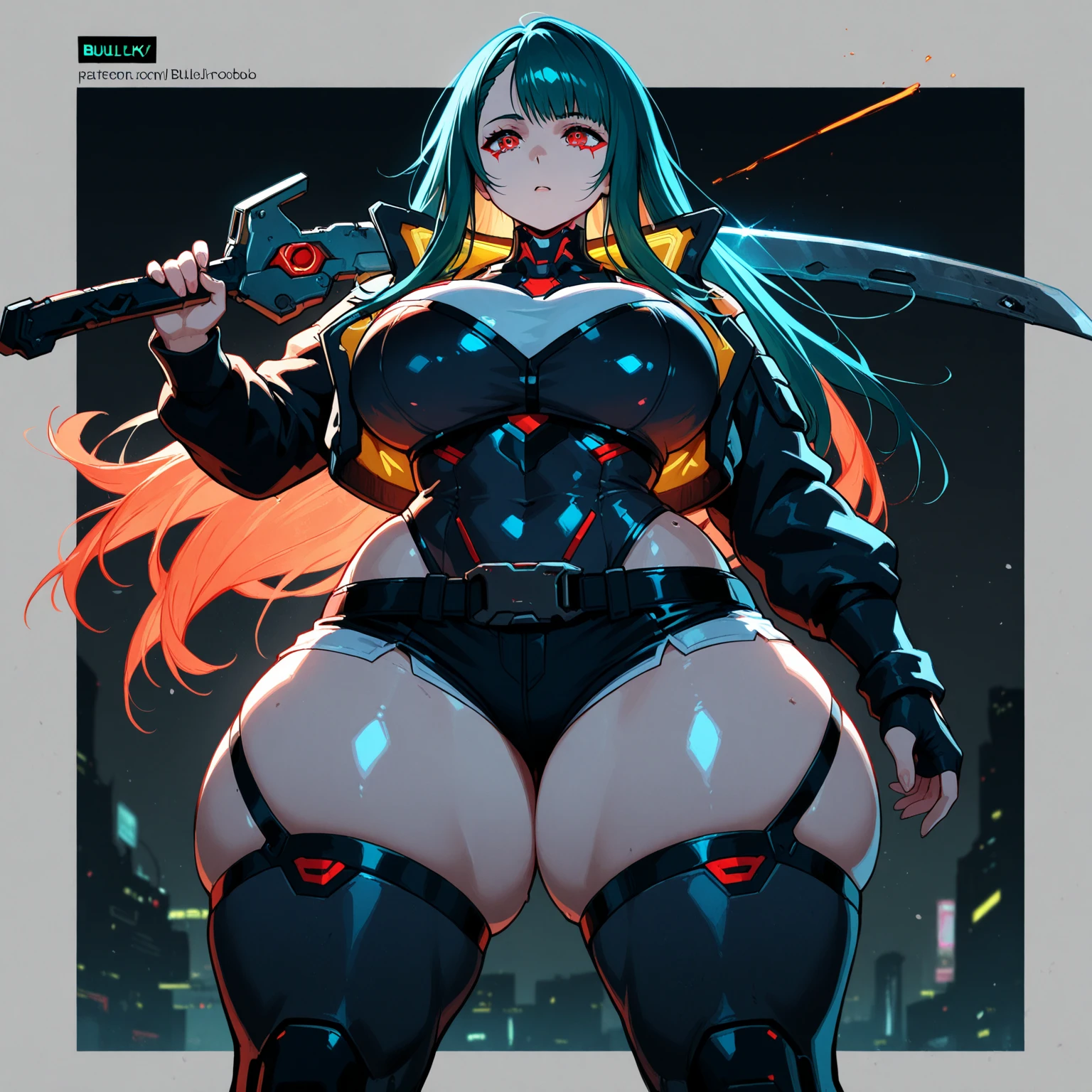 (masterpiece, best quality, high resolution,)a beautiful woman,((huge breasts)), very long straight black hair, green eyes, red lips, plug-in suit, full body black pilot suit, serious expression,, interface headphones, ,((white background,)), ((full body standing)),