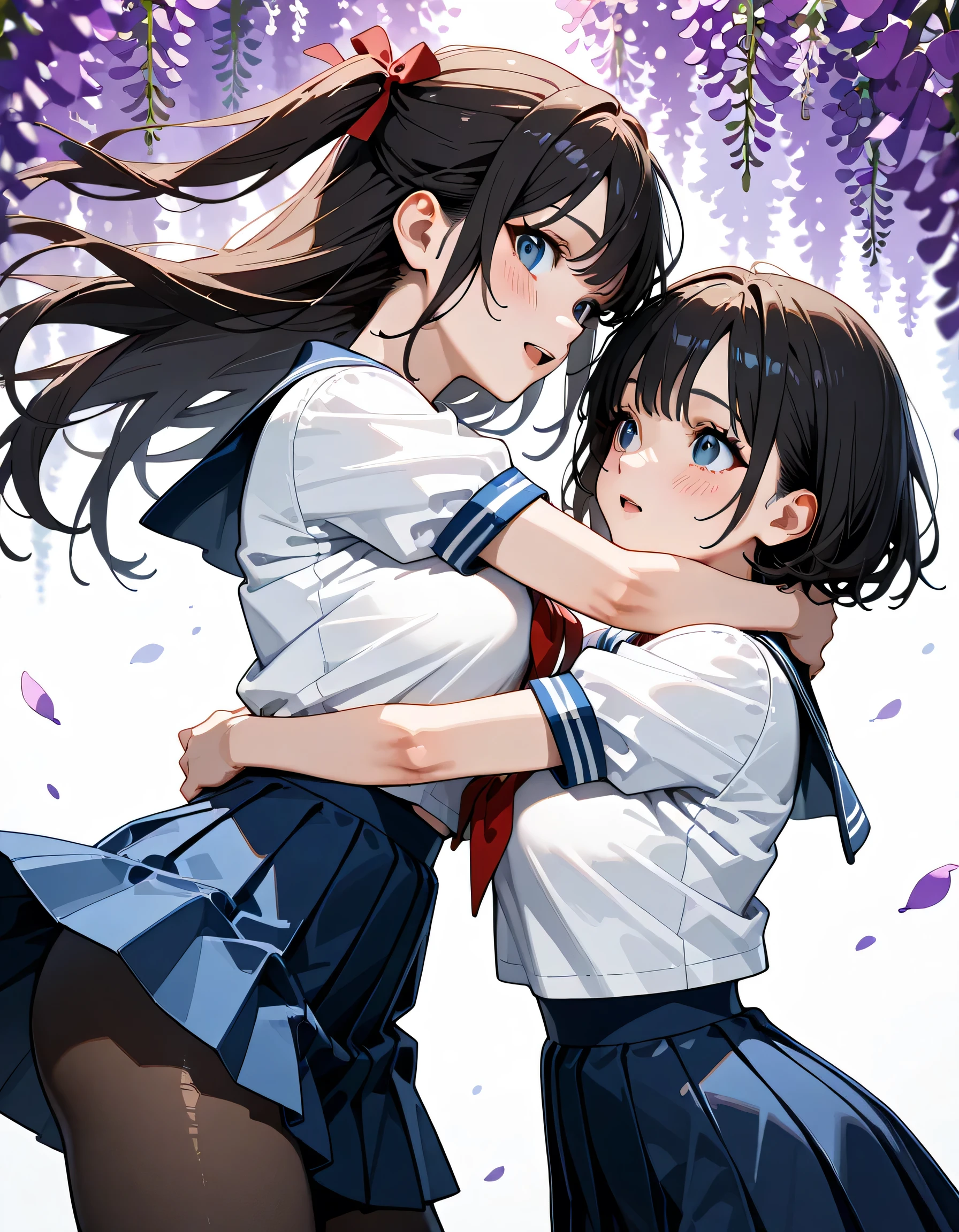 (score_9, score_8_up, score_7_up), source_Anime, absurd_res, white, blue, black, 2girls, duo, upper body, super fine illustration, an extremely delicate and beautiful, best quality, masterpiece, 8K, spring setting, wisteria flowers, gentle breeze, sunlight filtering through trees, BREAK
left girl is(long silver hair:1.3, two side-up:1.2, blue eyes:1.2, hair ribbon with black, ample breasts, school uniform, sailor suit, traditional Japanese style with navy blue and white colors, navy blue pleated skirt, black tights:1.2, ultra-beautiful girl), BREAK
right girl is(long black hair:1.3, half updo:1.3, brown eyes:1.2, wearing glasses:1.3, round eyewear:1.3, round_glasses22A:1.3, hair ribbon with light blue, ample breasts, school uniform, sailor suit, traditional Japanese style with navy blue and white colors, navy blue pleated skirt, black tights:1.2, ultra-beautiful girl), BREAK
fluttering hair, blushing faces, surprised expression, embarrassed reaction, skirts lifting from sudden wind, mutual hug:1.3, dynamic pose, soft fabric movement, fluttering petals, warm and bright atmosphere, soft lighting, delicate color palette, detailed clothing folds, flowing hair, lively spring vibe, highly detailed rendering, breathtaking composition,