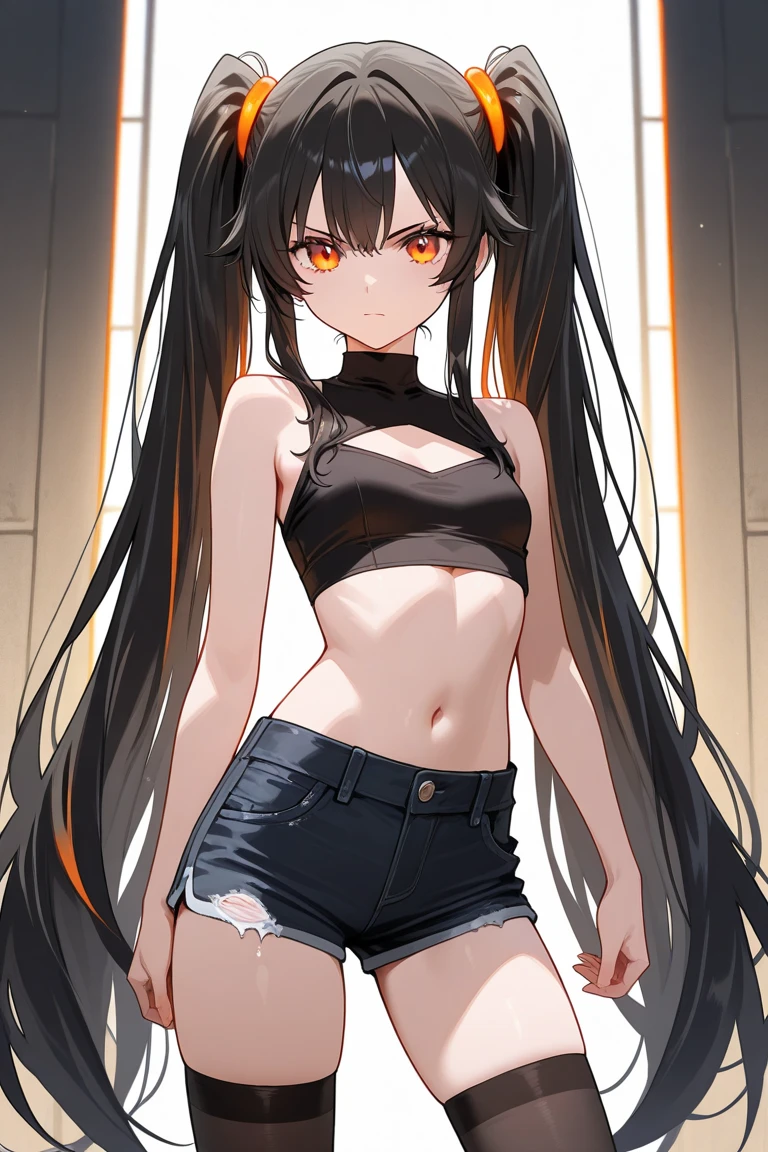 ((high quality)), ((masterpiece)), 8k, yellow eyes, red oni, simple background, long hair, mole under eye, red horns, oni horns, pointy ears, looking at viewer, skin-covered horns, flat breasts, tail, solo, demon girl, demon tail, 1girl, colored skin, freckles,black hair, red skin , crop top,  jeans, arms up, armpits