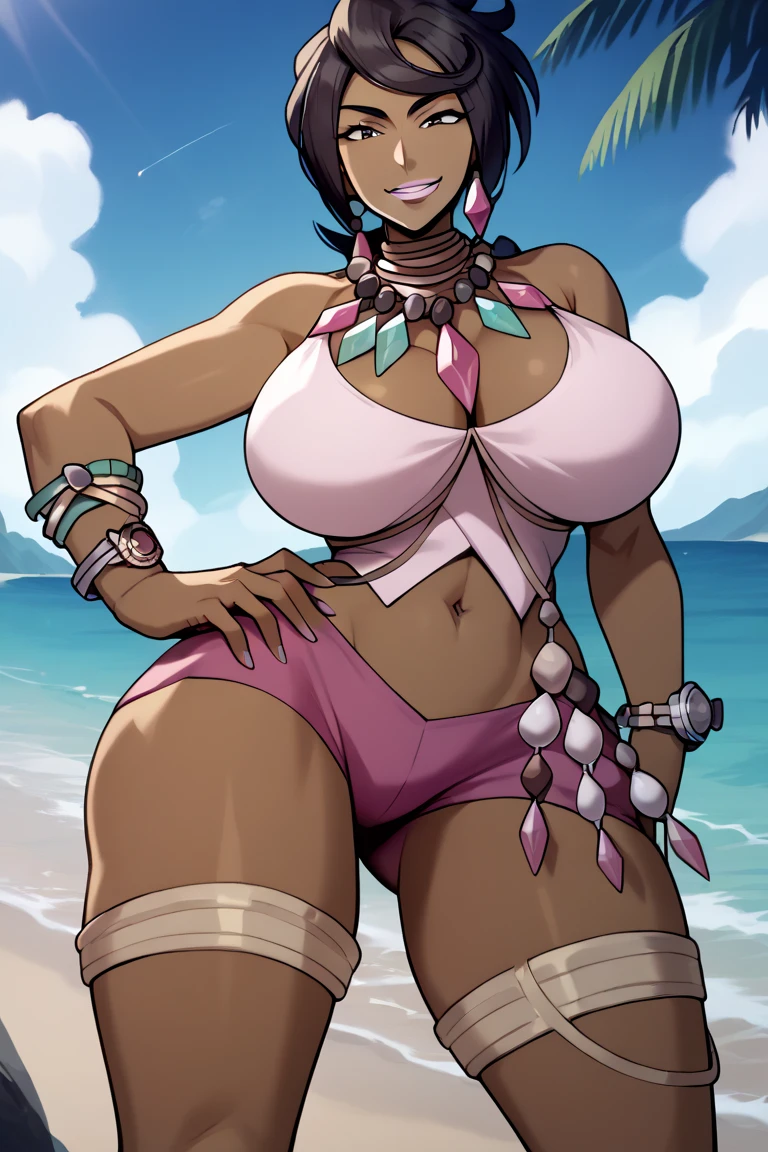 masterpiece, best quality, 1 pregnant girl, pkmnolivia, dark skin, necklace, bracelet, neck ring, cleavage, pink shirt, beads, midriff, pink short shorts, thigh strap, large breasts, thighs, island, sand, palm tree, lipstick, arms behind head, from below, blue sky