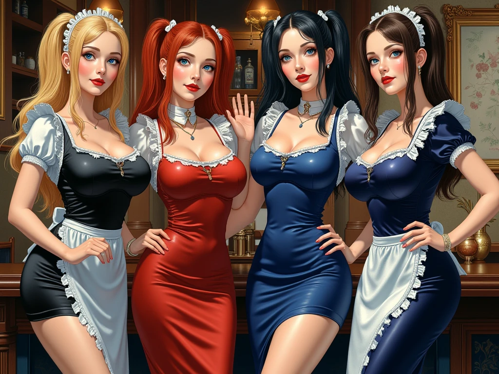 5 women Vin, Naz, Jae, Indi and Maya, the enticing scene of the "Anal Club" meeting no 5, where a quaint, dimly lit bar is the stage for an erotic evening of playful debauchery. The walls are adorned with vintage posters, and a mellow bossa nova melody serenades the air. In the spotlight are Vin, Naz, Jae, Indi, and Maya, five striking women dressed in scandalously short nurse's uniforms that leave little to the imagination. Vin, with her piercing blue eyes and green hair styled in middle-parted double braids, stands at the bar with Naz, whose green eyes sparkle mischievously under the soft glow of pendant lights. Both kneel on the counter, their barely covered derrières teasingly aimed towards the entrance. Indi and Maya, their hair styled in asymmetrical bobs, one black and one blue, are eagerly engaging in an intimate display of affection, tenderly licking Vin and Naz's asses.