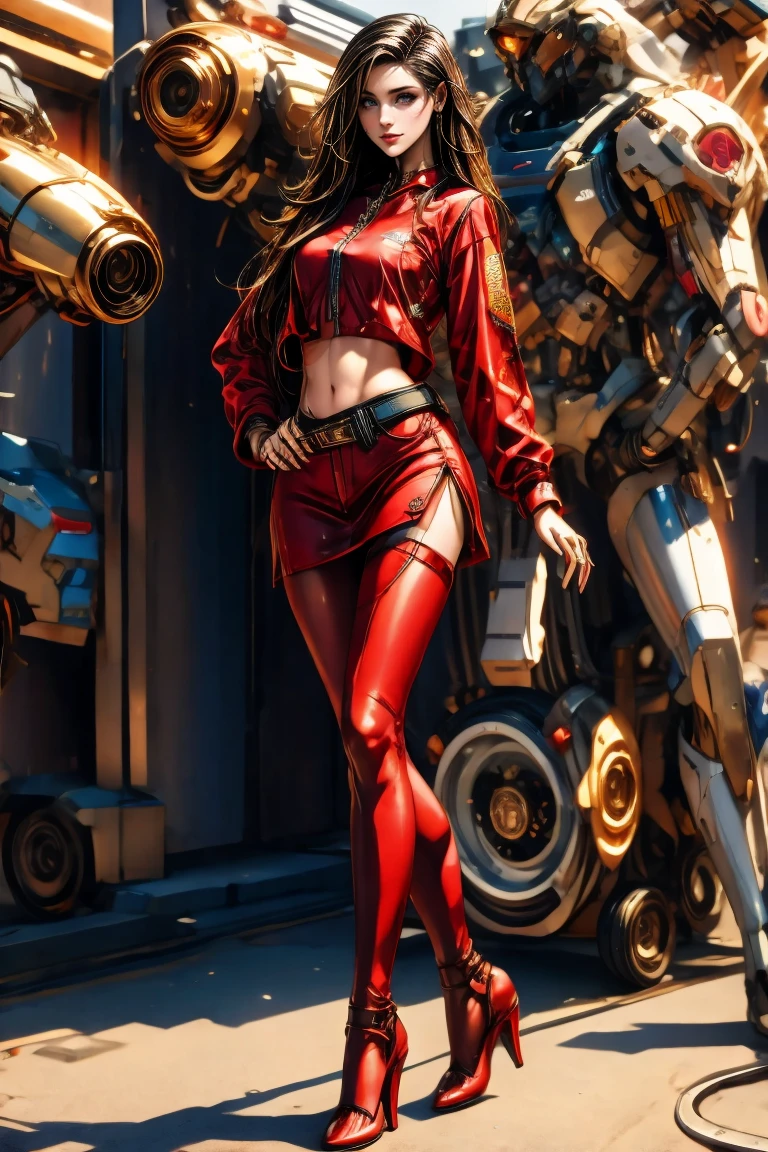 A full-body, ultra-detailed semi-realistic digital painting of a mature Italian woman in her early 40s, with a slender yet curvaceous figure and a poised, confident silhouette. She has a modestly full bust and defined waistline that enhance her natural femininity. Her presence is passionate and magnetic, exuding confident sensuality with refined elegance. Her proportions follow a tall 10-heads-tall fashion model standard, with long legs, a graceful torso, and a slightly smaller head with bold, sculpted facial features that reflect Mediterranean intensity and sophistication. Her ???? are gently rounded, adding balance to her statuesque frame. Her posture is relaxed yet commanding, with a soft hip tilt and natural arm positioning. She wears a modern race queen outfit: a glossy crimson red and black zip-front crop top with metallic accents and a plunging neckline, paired with a short, angled miniskirt in matching bold red tones and structured panels. Sleek black thigh-high boots with red trim and matching gloves complete the dynamic motorsport look. Her outfit blends glamour, athleticism, and bold Italian flair. Her makeup is polished but striking: deep matte red lips, bronze eyeshadow, and defined eyeliner that intensifies her fierce gaze. Her face is beautifully contoured, with strong cheekbones, a straight Roman nose, almond eyes with expressive brows, and full lips shaped into a bold, confident smile. Her chestnut brown hair is styled in a voluminous, layered blowout, parted to the side and flowing in rich, smooth waves over her shoulders and back. She stands in a sunlit racetrack setting with cinematic highlights, soft shadows, and shallow depth of field. Masterpiece, best quality, semi-realistic, 8K resolution, hyperrealistic portrait, finely detailed.