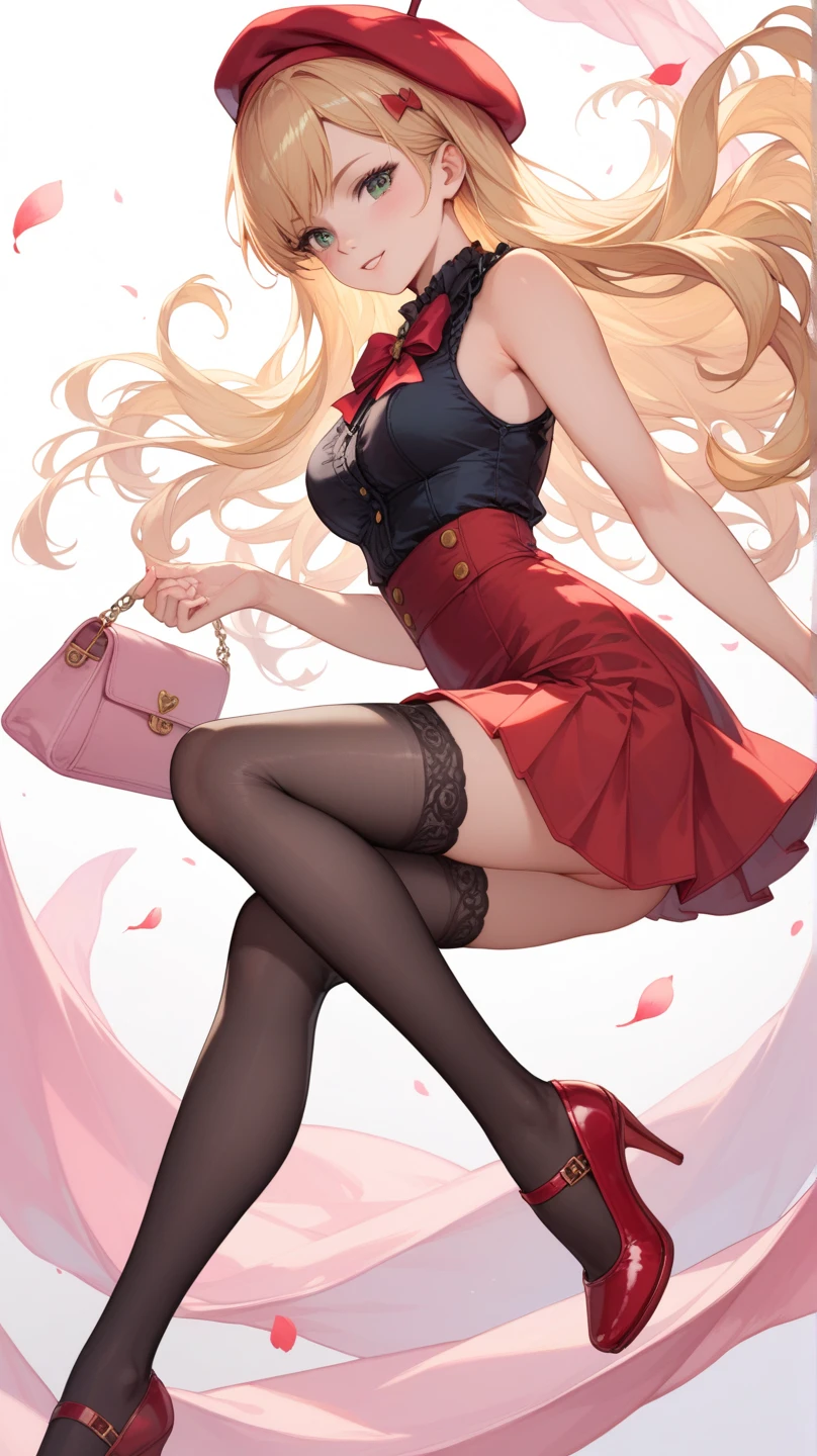 masterpiece, best quality, highres, blue eyes, serena \(pokemon\), 1girl, solo, thighhighs, long hair, hat, jewelry, bracelet, black thighhighs, collared shirt, pleated skirt, red skirt, sleeveless, high-waist skirt, sleeveless shirt, eyelashes, black shirt, full body, field, smile, closed mouth, from below, thick thighs, looking down at viewer, upskirt, absolute territory, large breasts,